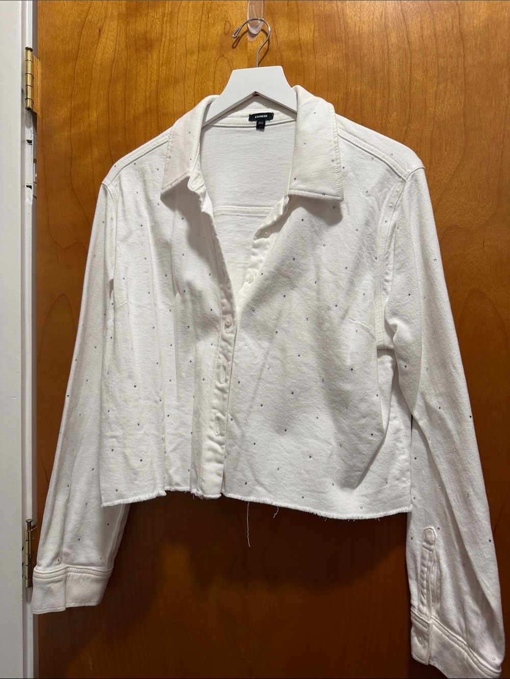 Cropped White Button rhinestone -Front Shirt Jacket -express